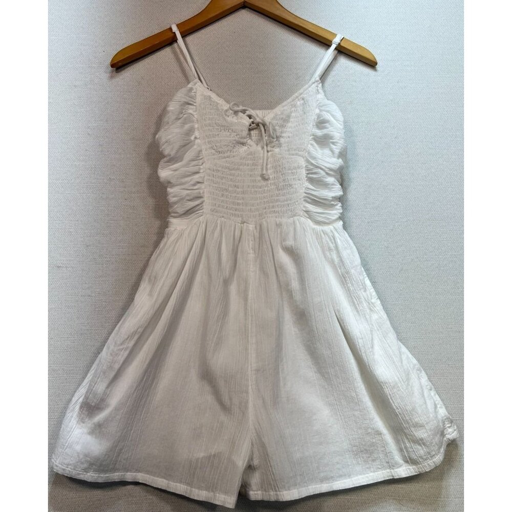 Aerie Women's Neutral Tie Smocked Romper Shorts Tank Size XS White Sleeveless